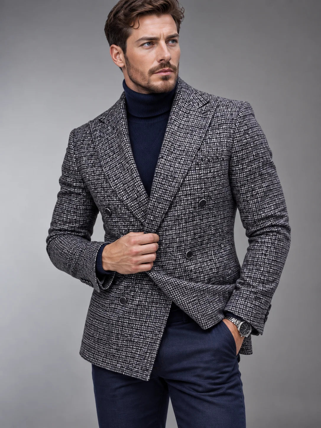 Men's Slim Fit Double-Breasted Checked Blazer Jacket 2