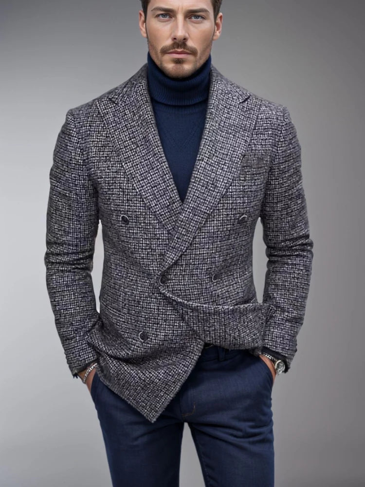 Men's Slim Fit Double-Breasted Checked Blazer Jacket 3