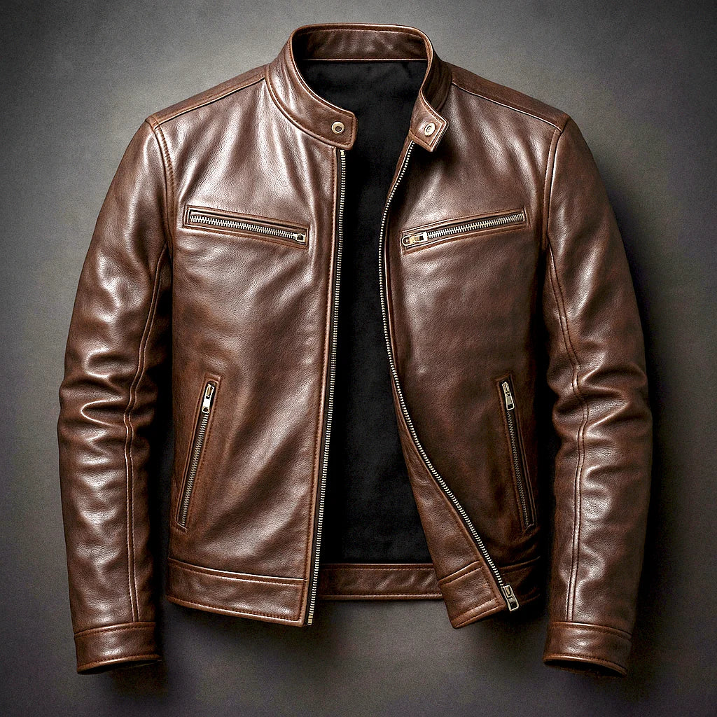 Men's Slim Fit Faux Leather Zipper Jacket with Four Pockets 0