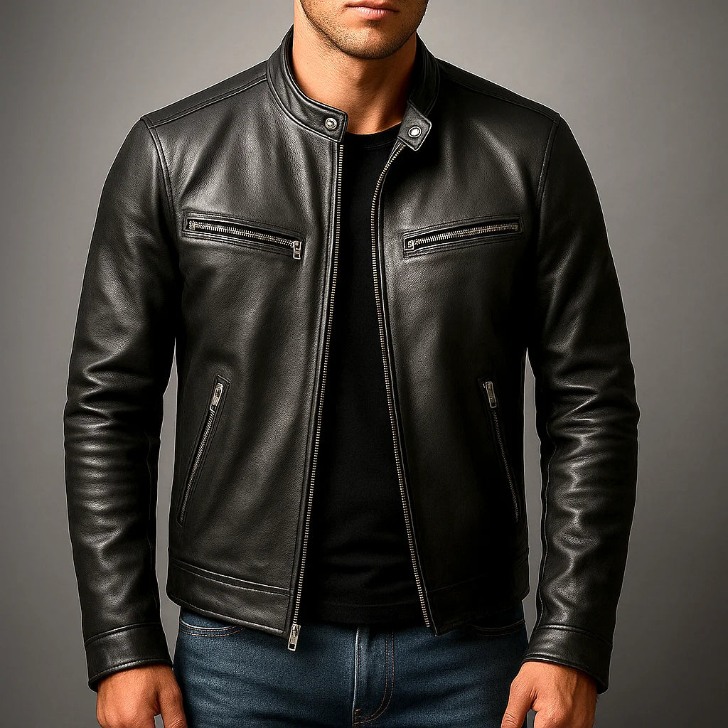 Men's Slim Fit Faux Leather Zipper Jacket with Four Pockets 5