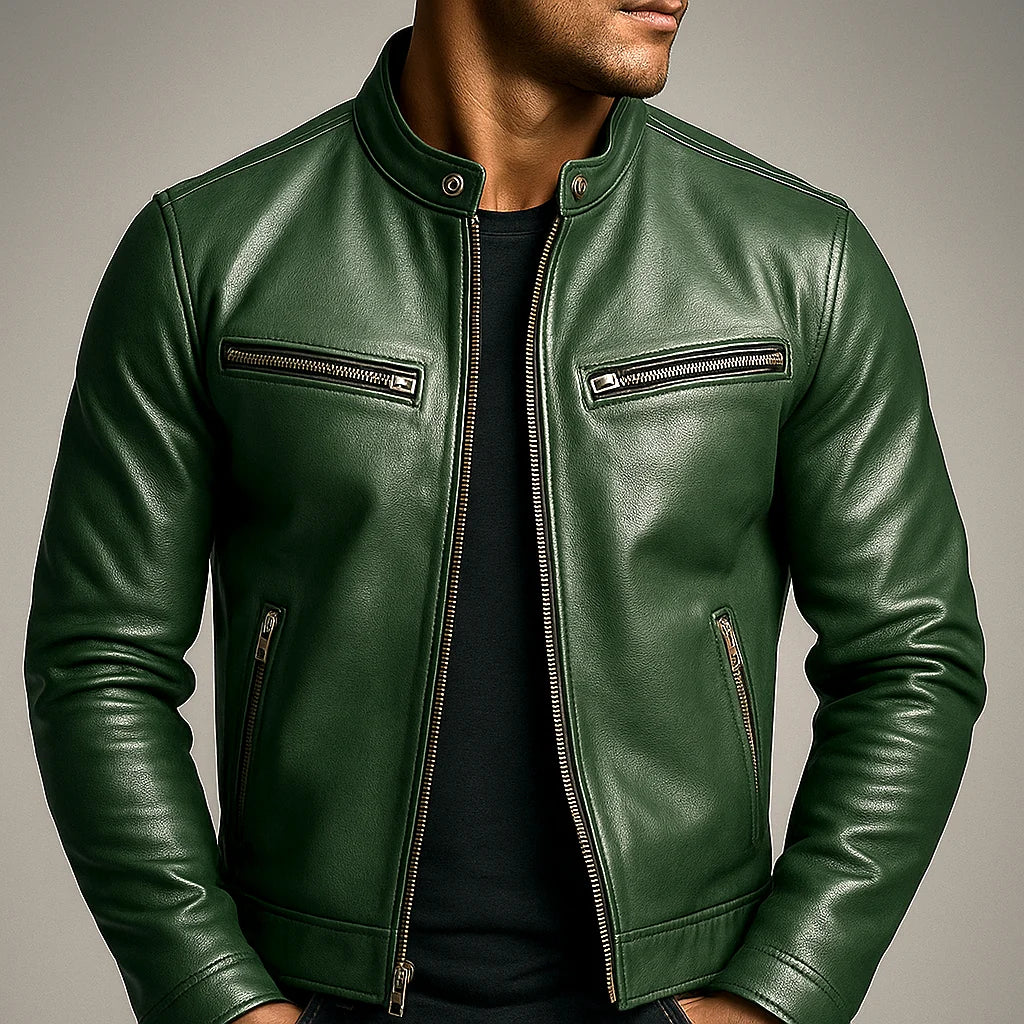 Men's Slim Fit Faux Leather Zipper Jacket with Four Pockets 6