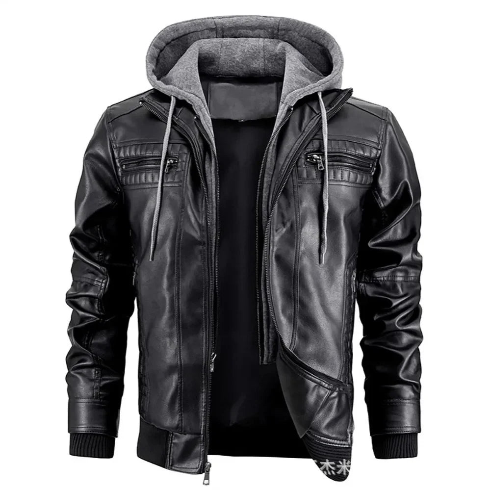 Men's Slim Fit Leather Winter Coat with Hood 0