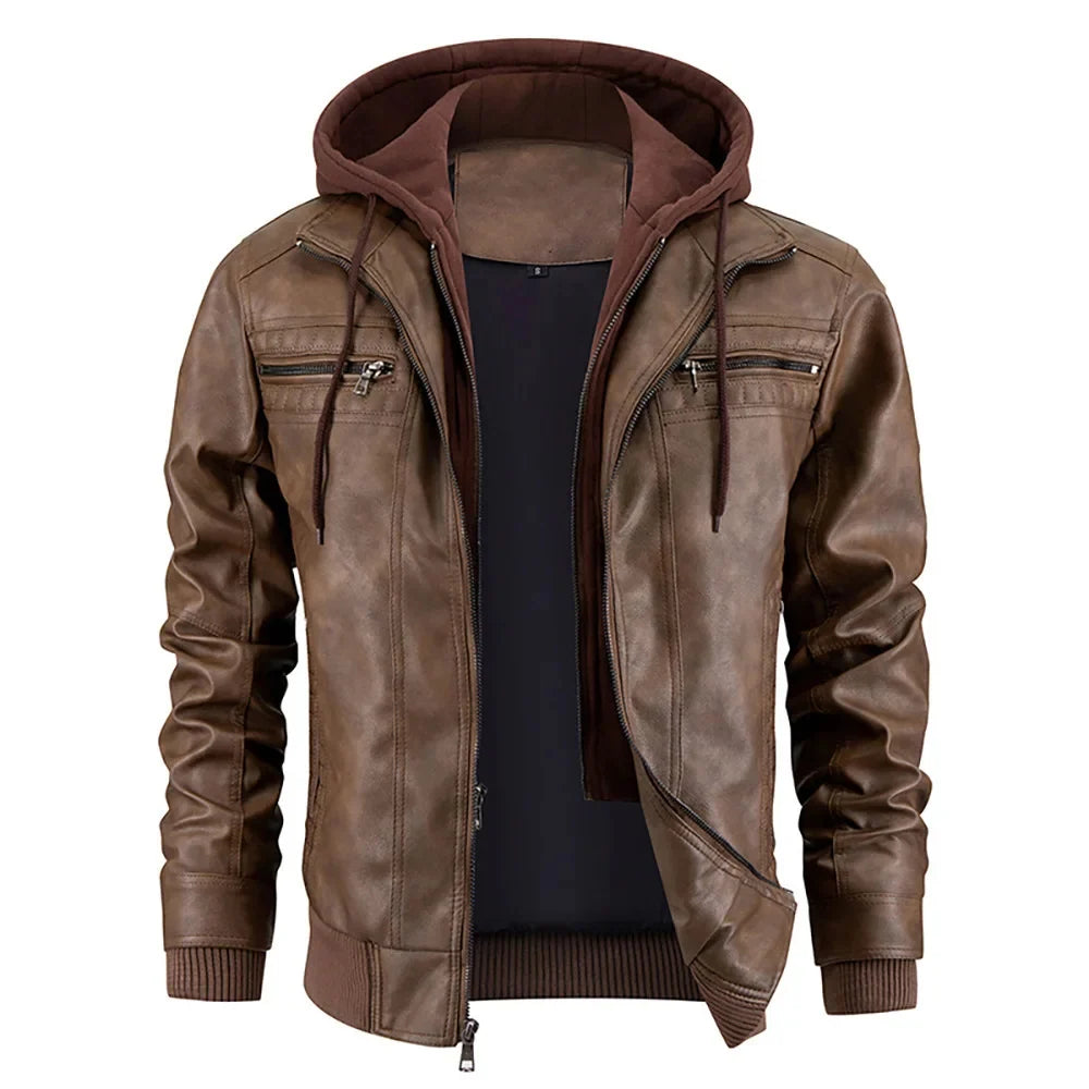 Men's Slim Fit Leather Winter Coat with Hood 1