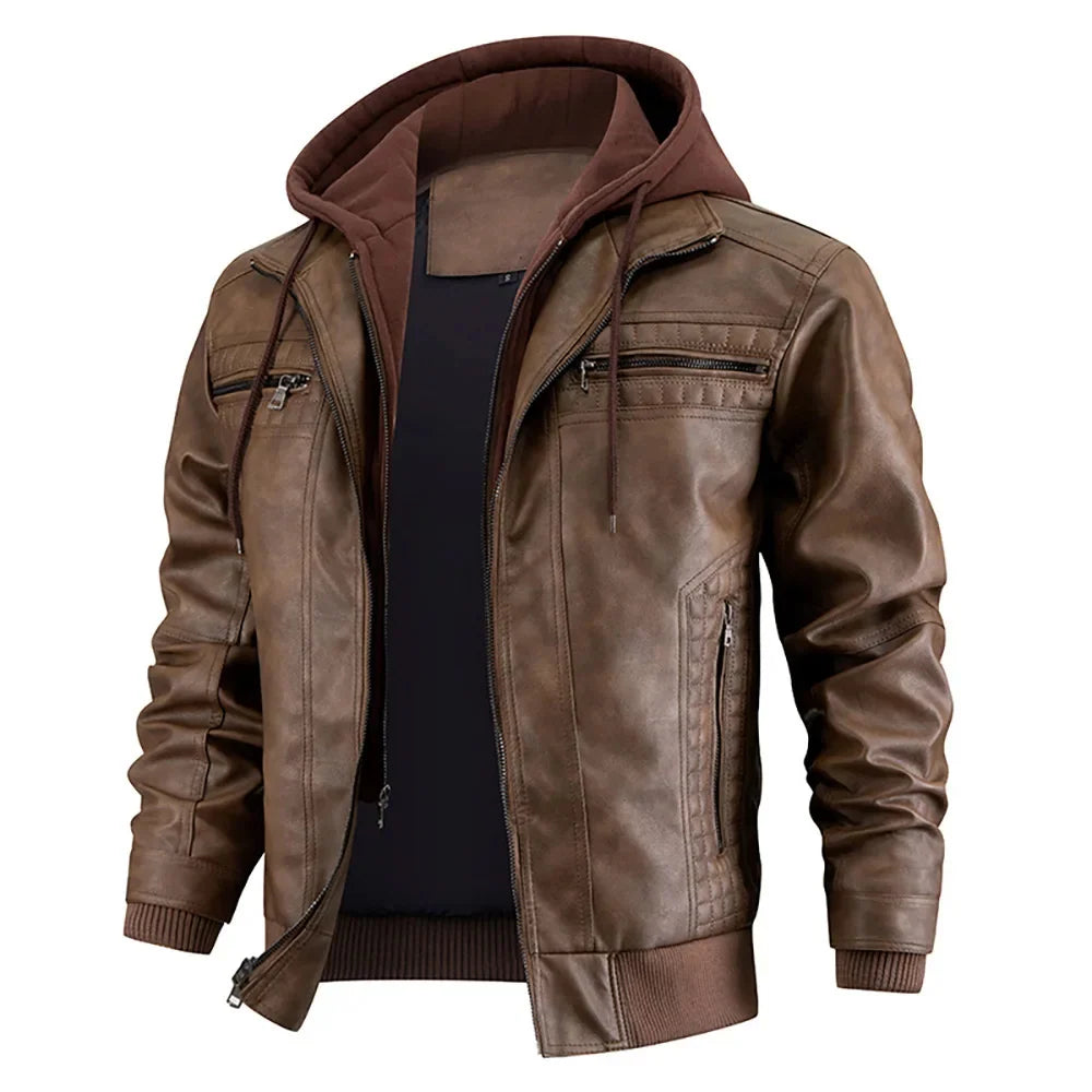 Men's Slim Fit Leather Winter Coat with Hood 2