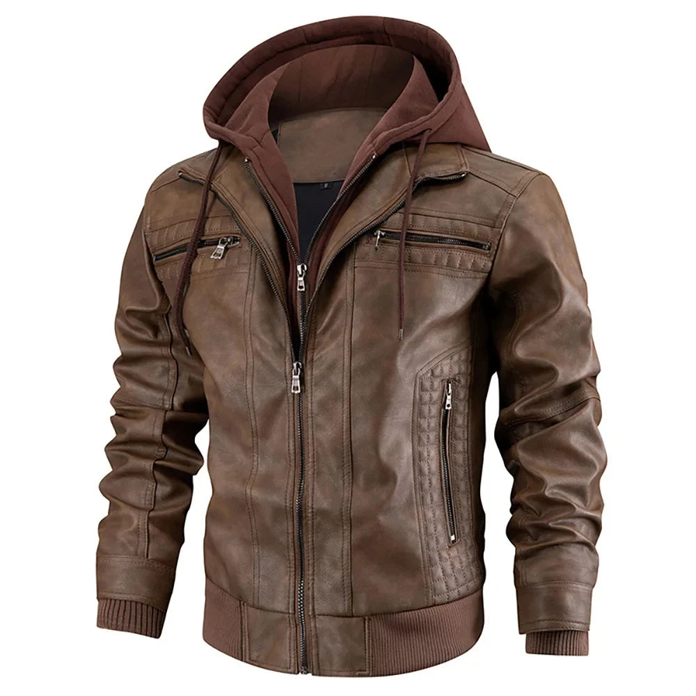 Men's Slim Fit Leather Winter Coat with Hood 3