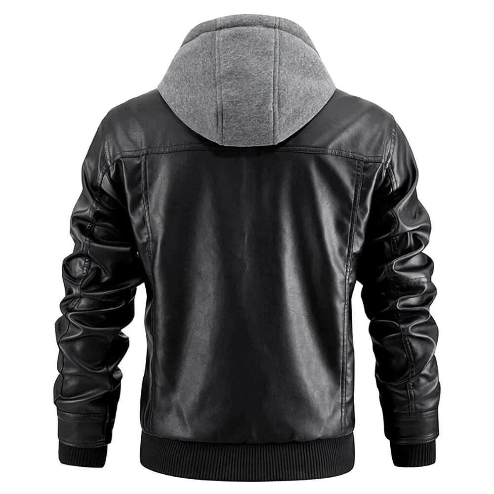 Men's Slim Fit Leather Winter Coat with Hood 4