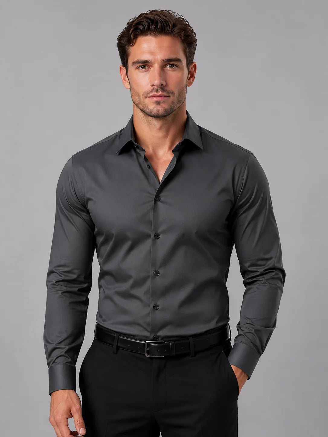 Men's Slim Fit Long Sleeve Dress Shirt with Classic Spread Collar - 1