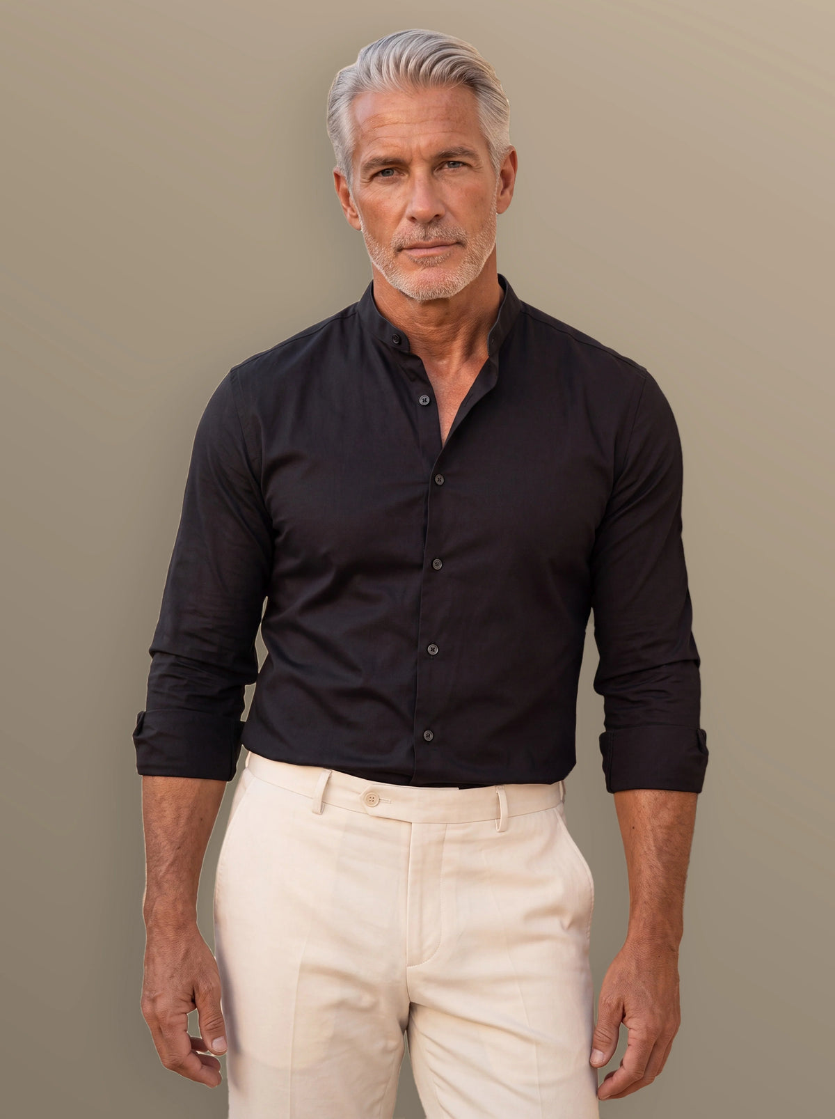 Men's Slim Fit Stand Collar Button-Up Shirt with Smooth Finish 2