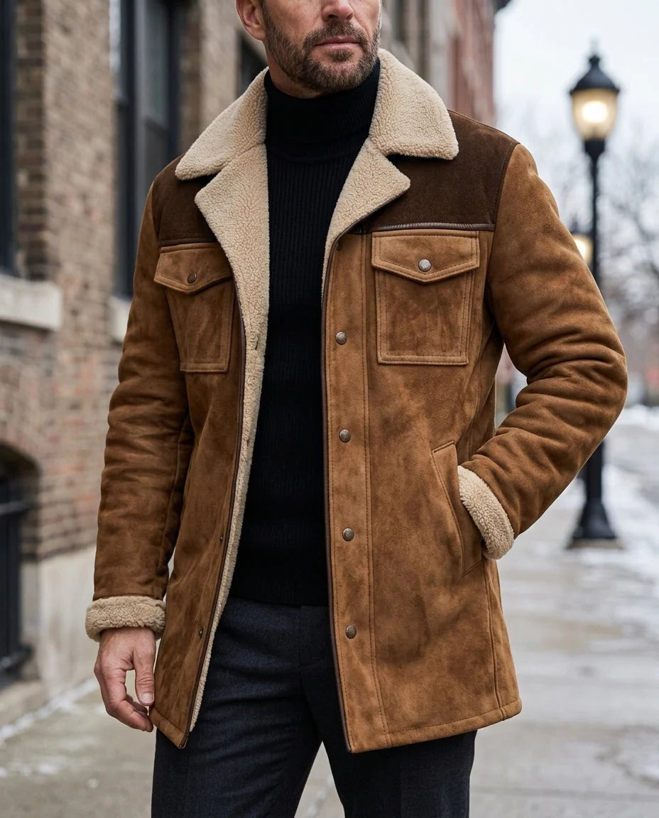 Men's Suede Coat with Plush Shearling Collar 0