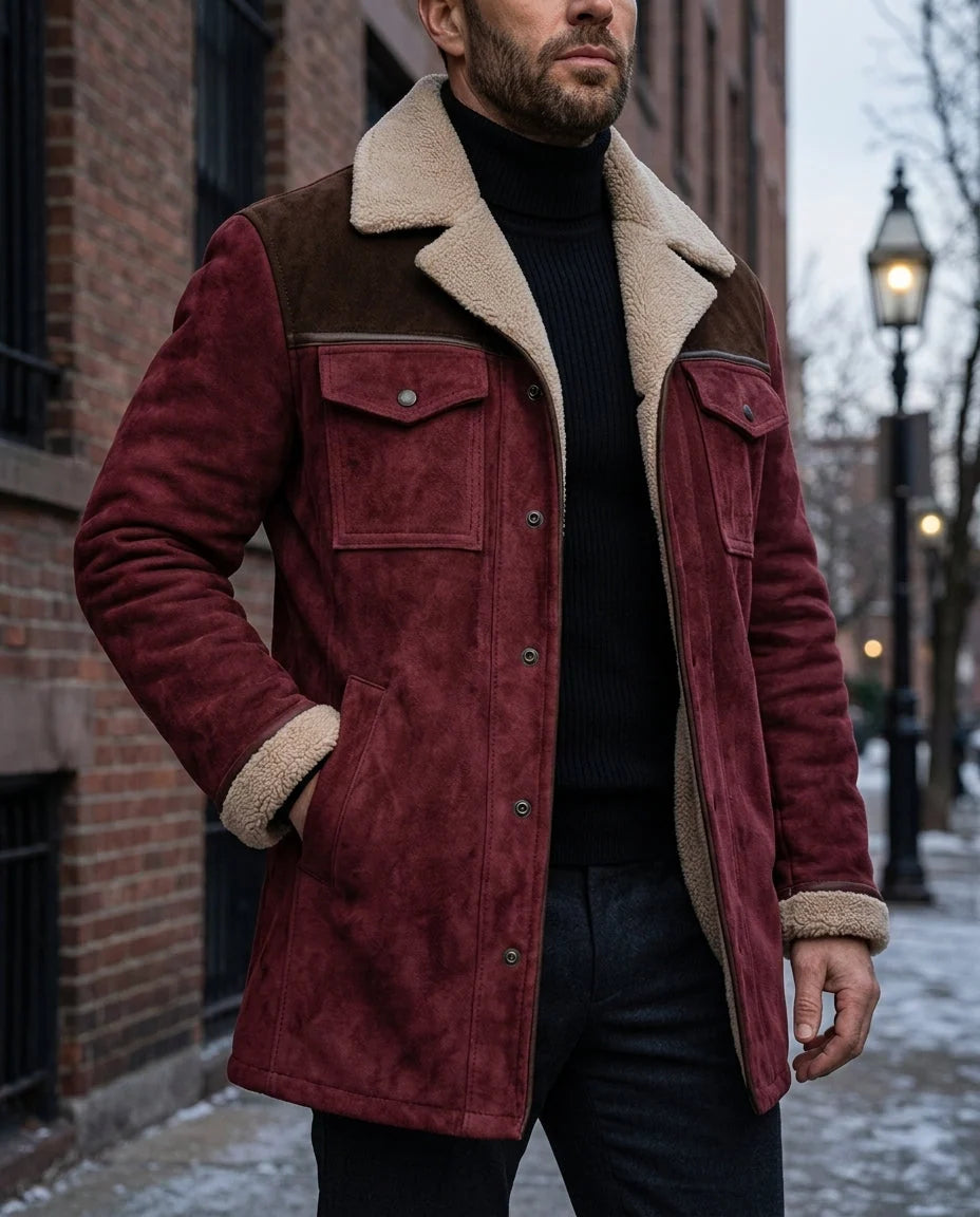Men's Suede Coat with Plush Shearling Collar 2