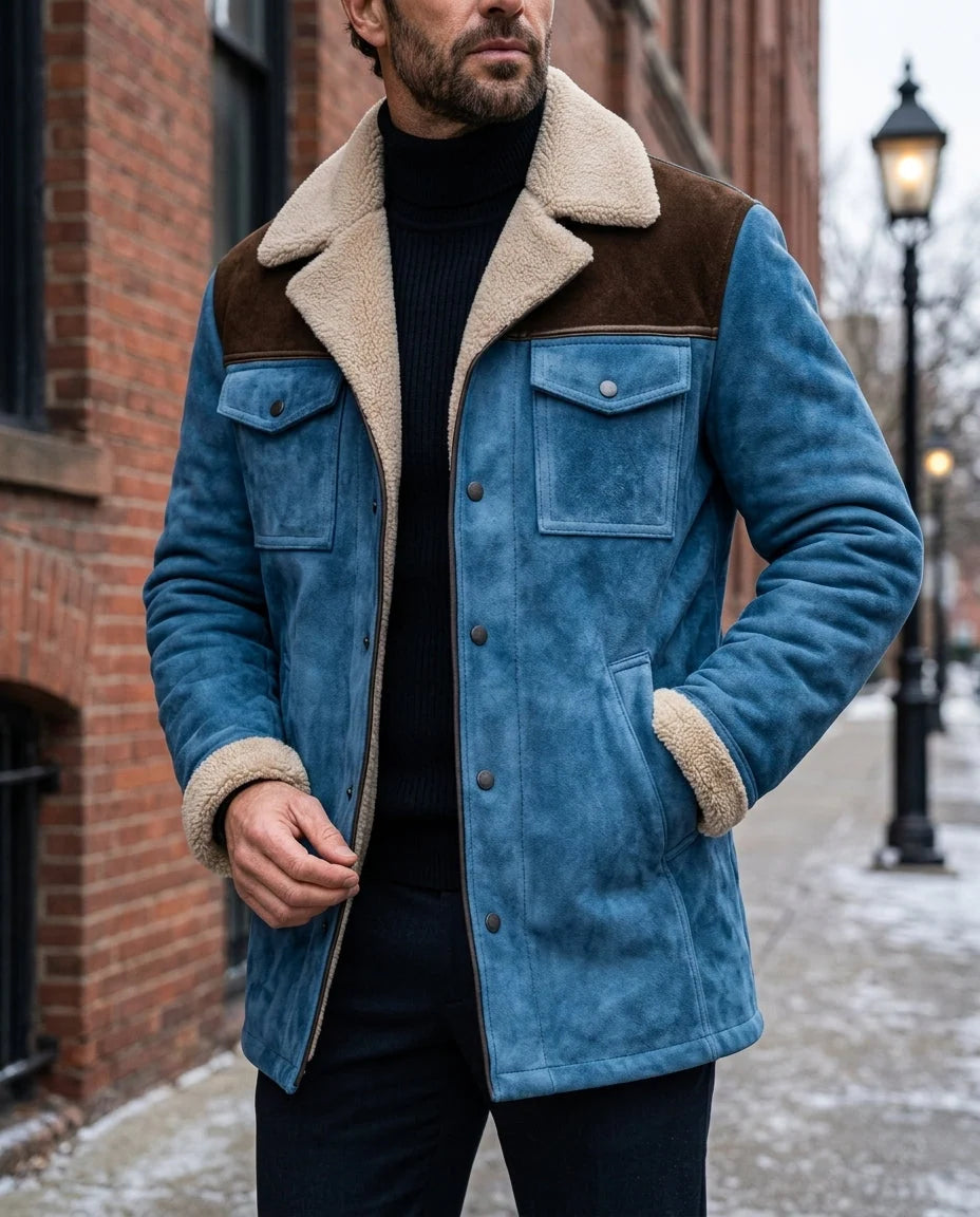 Men's Suede Coat with Plush Shearling Collar 3
