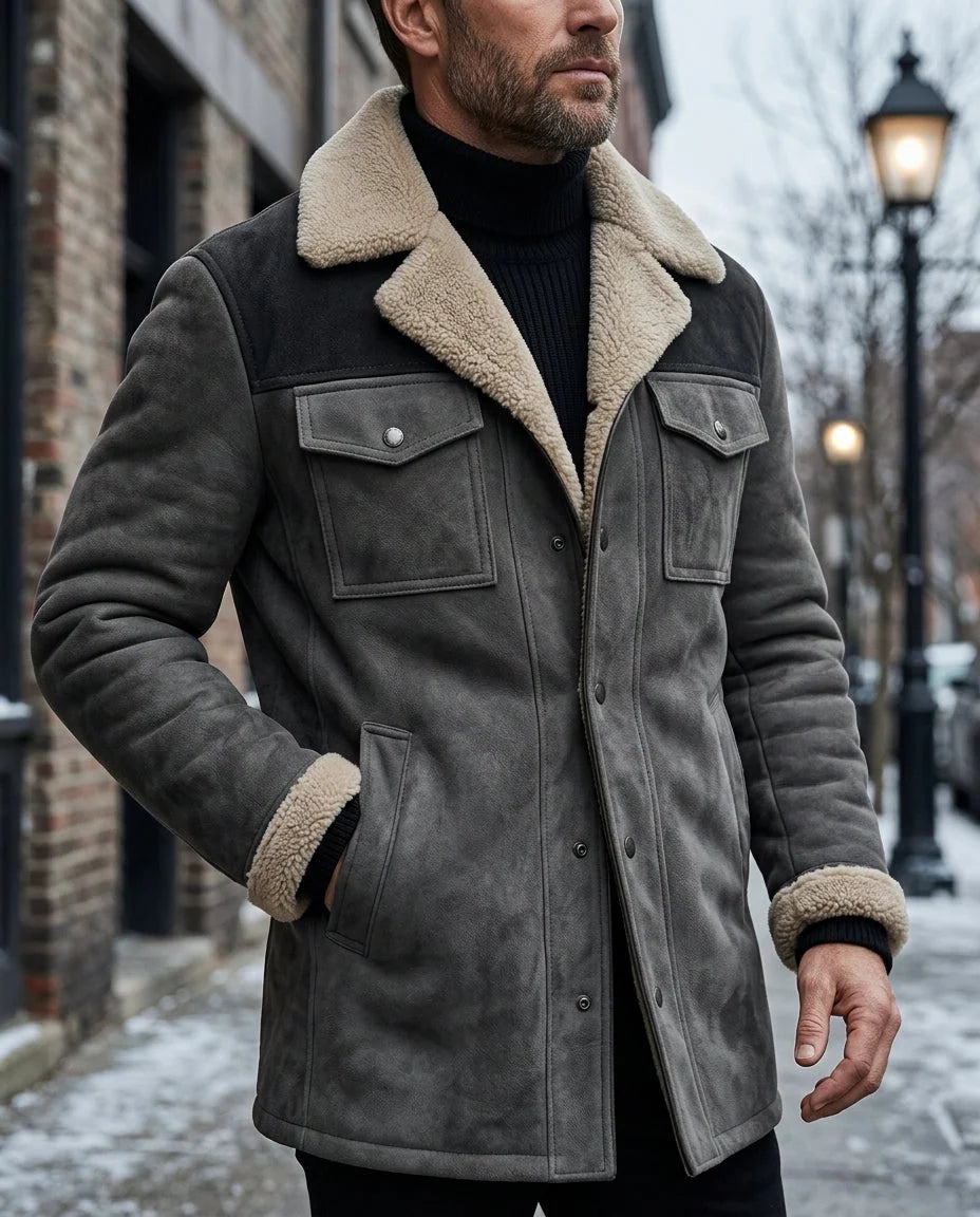 Men's Suede Coat with Plush Shearling Collar 4