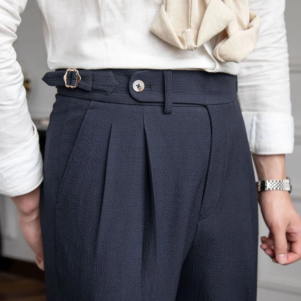 Men's Tailored High-Rise Pleated Trousers with Cuffed Hem 0