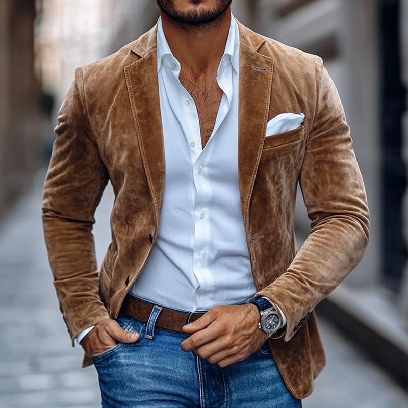 Men's Tailored Suede Blazer Jacket with Notched Lapel and Two-Button Closure 0