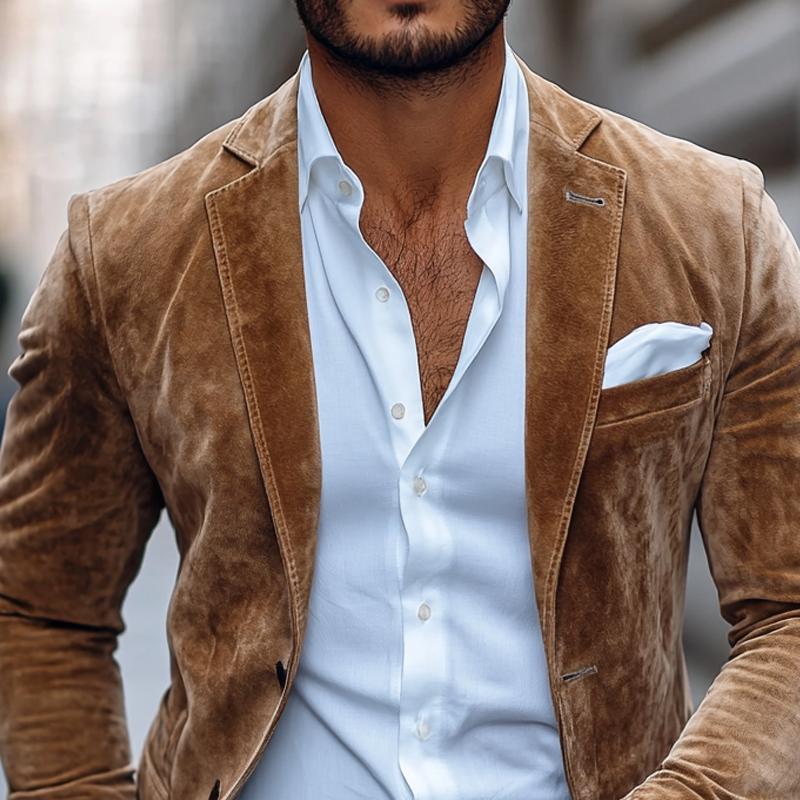 Men's Tailored Suede Blazer Jacket with Notched Lapel and Two-Button Closure 1