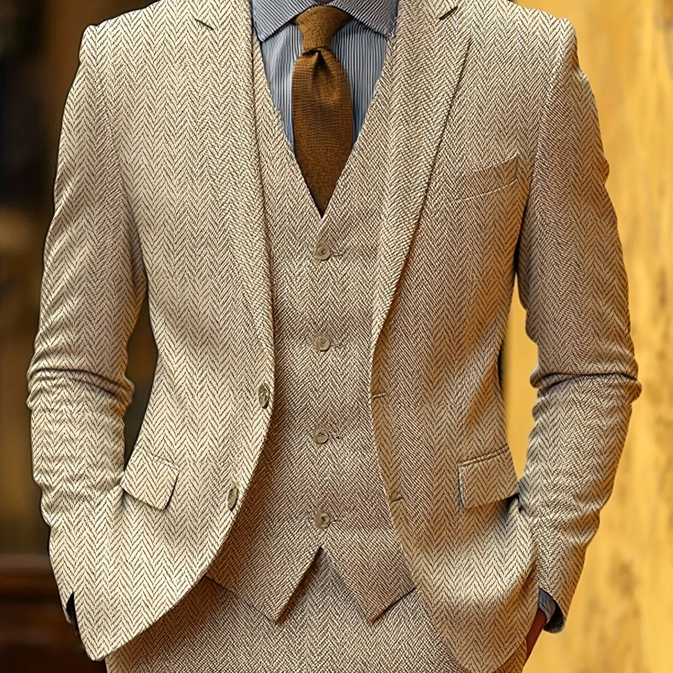 Men's Tailored Three-Piece Suit with Herringbone Pattern 0