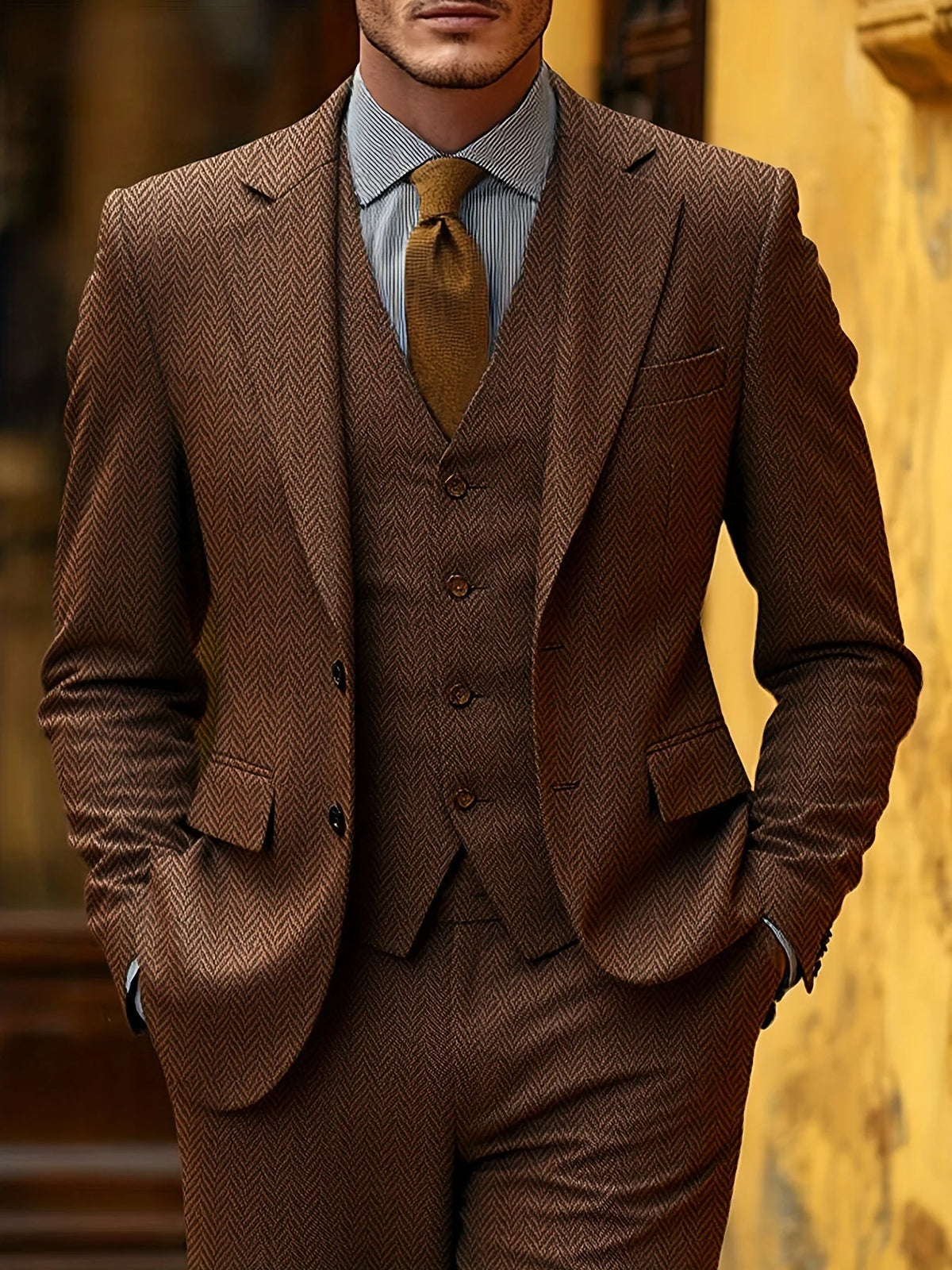 Men's Tailored Three-Piece Suit with Herringbone Pattern 1