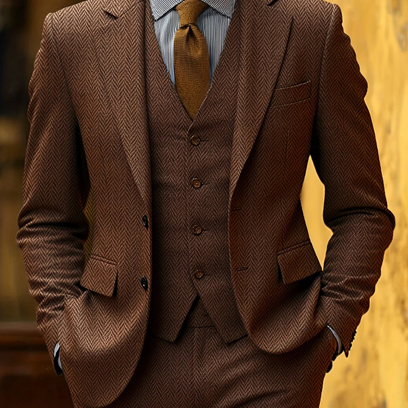 Men's Tailored Three-Piece Suit with Herringbone Pattern 10