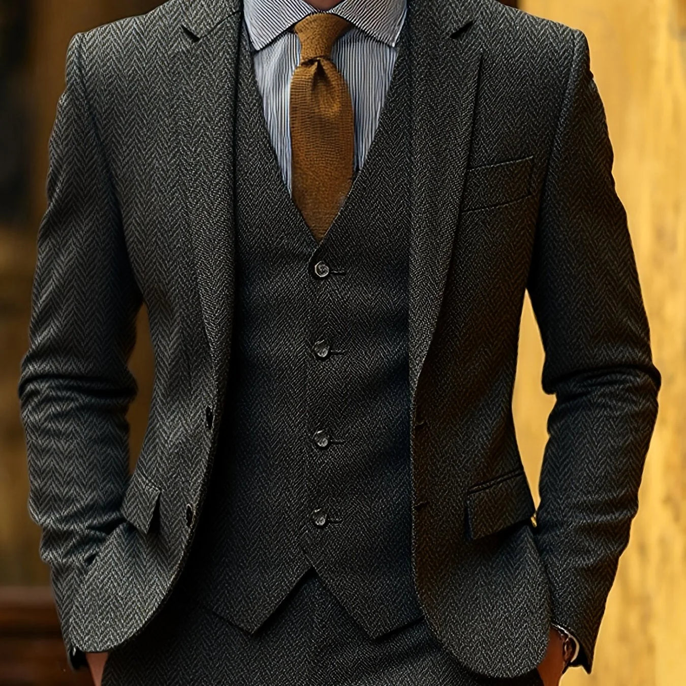 Men's Tailored Three-Piece Suit with Herringbone Pattern 11