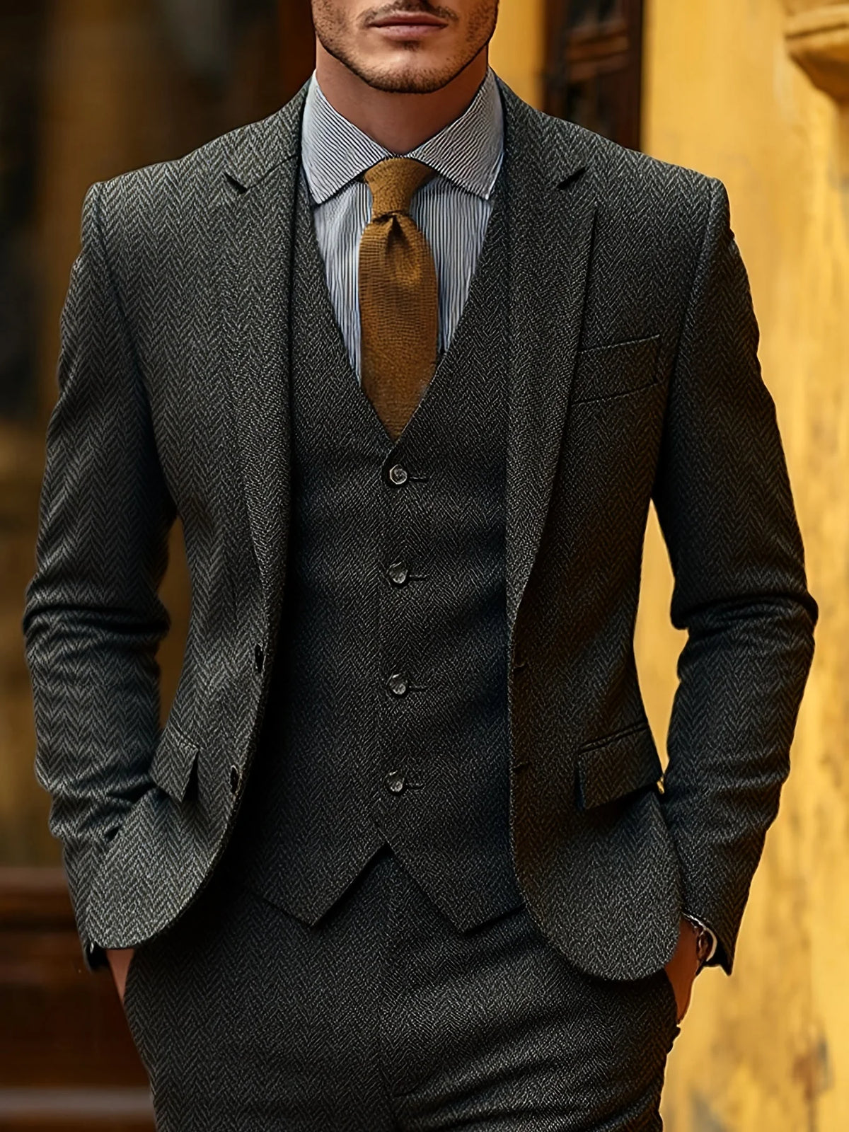 Men's Tailored Three-Piece Suit with Herringbone Pattern 2