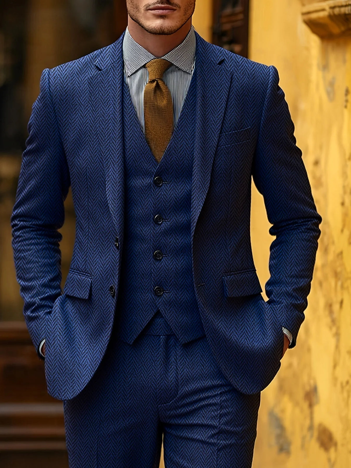 Men's Tailored Three-Piece Suit with Herringbone Pattern 3