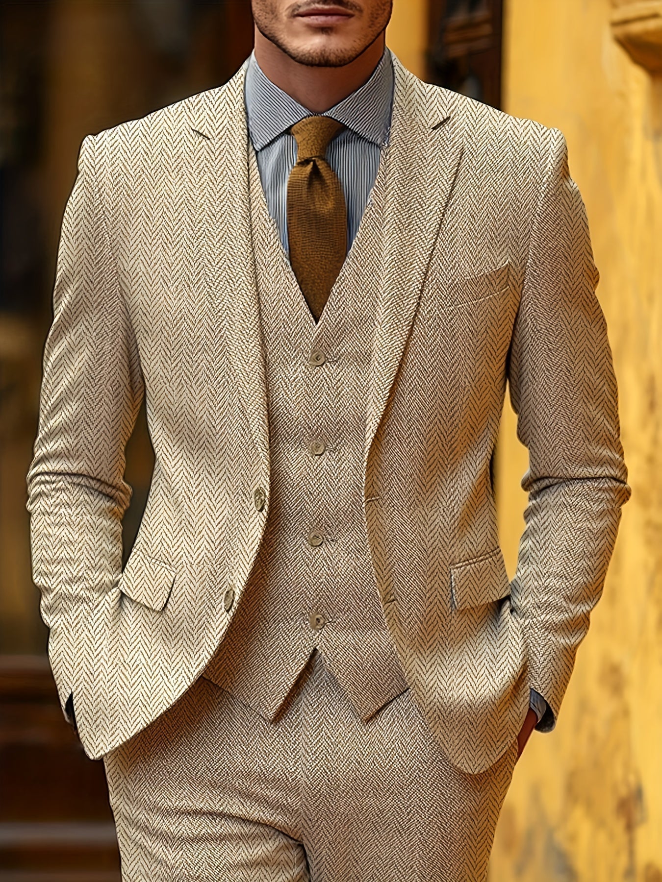 Men's Tailored Three-Piece Suit with Herringbone Pattern 4