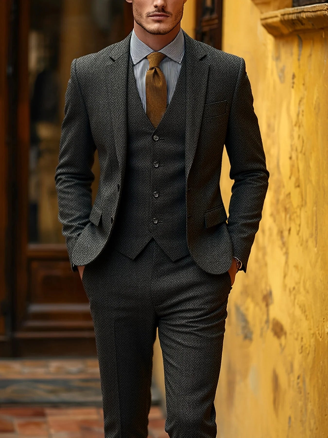 Men's Tailored Three-Piece Suit with Herringbone Pattern 5