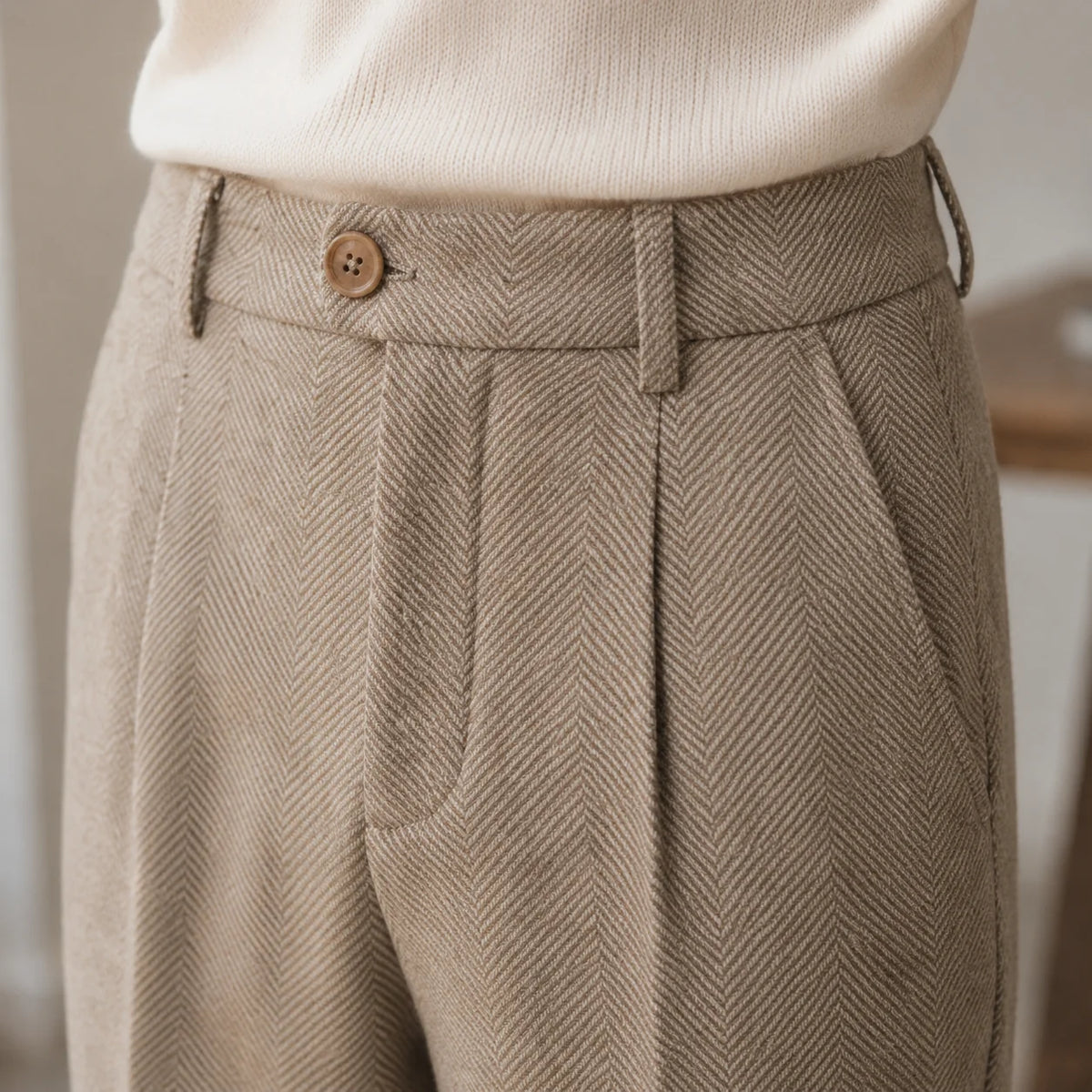 Men's Tailored Wool Herringbone Tapered Pants 1
