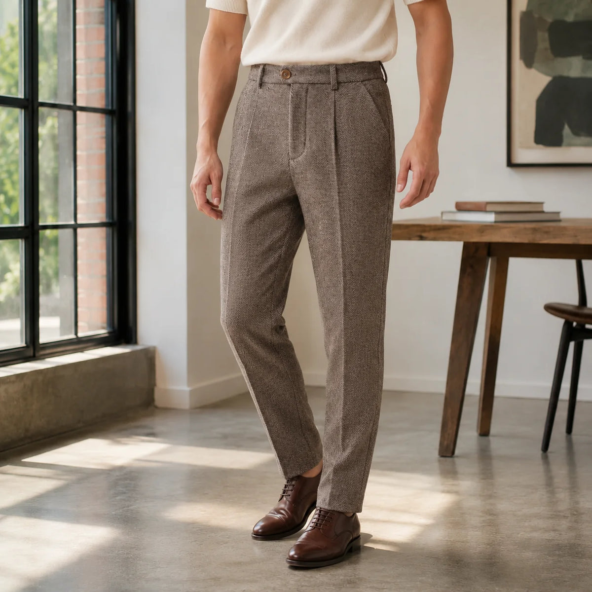 Men's Tailored Wool Herringbone Tapered Pants 2
