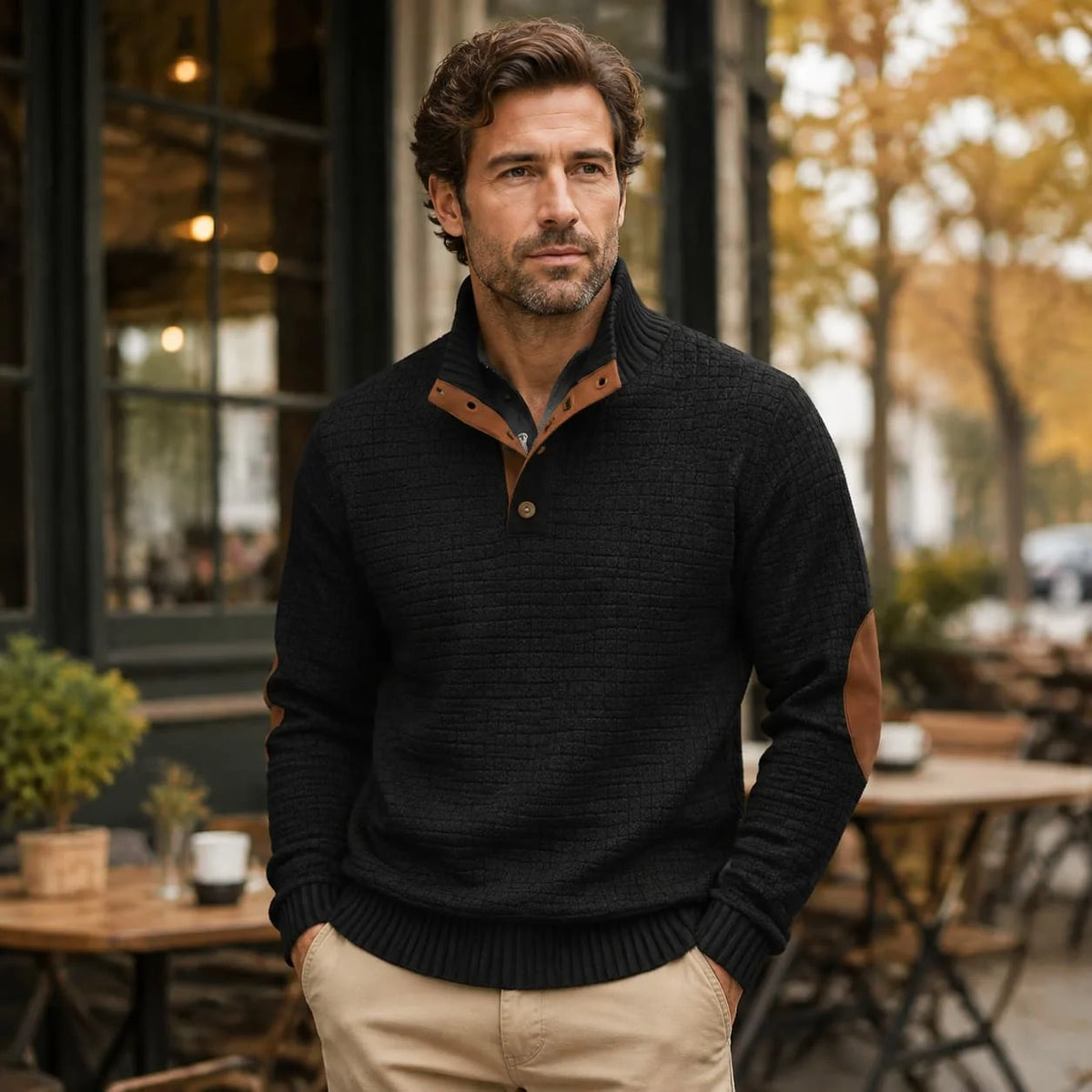 Men's Textured Mock Neck Sweater with Contrast Button Placket and Elbow Patches 1