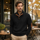 Men's Textured Mock Neck Sweater with Contrast Button Placket and Elbow Patches 1