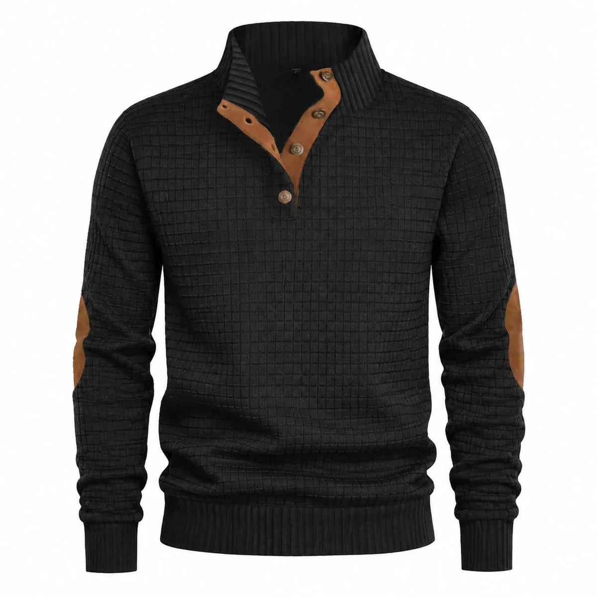 Men's Textured Mock Neck Sweater with Contrast Button Placket and Elbow Patches 2