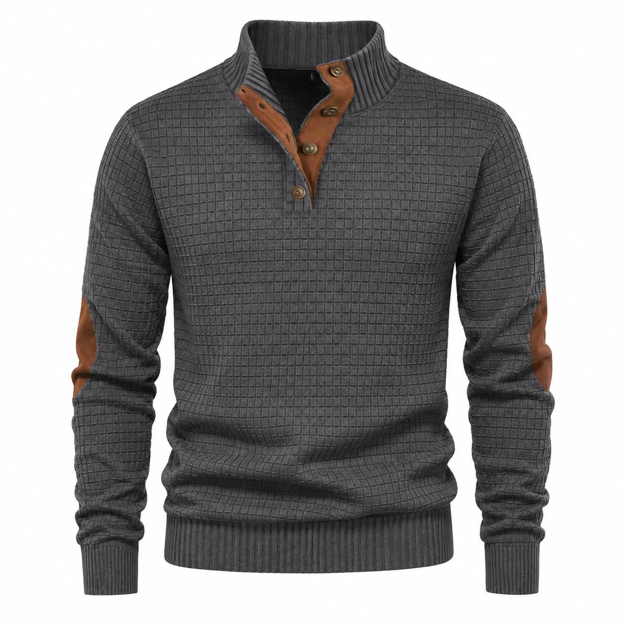 Men's Textured Mock Neck Sweater with Contrast Button Placket and Elbow Patches 3