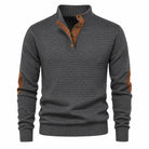 Men's Textured Mock Neck Sweater with Contrast Button Placket and Elbow Patches 3