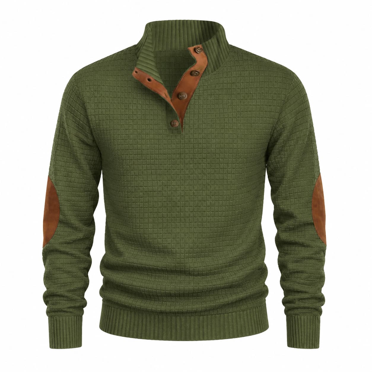 Men's Textured Mock Neck Sweater with Contrast Button Placket and Elbow Patches 5