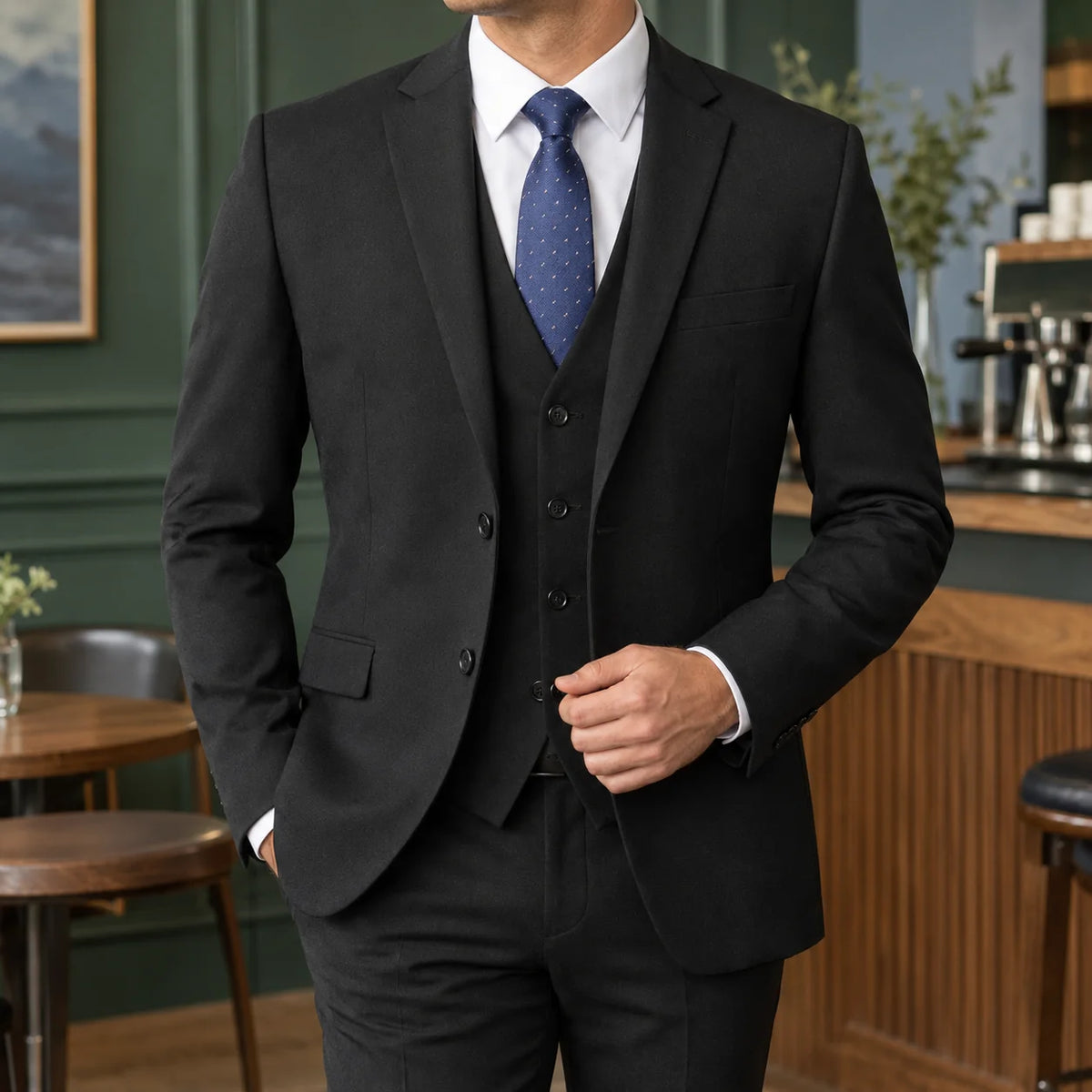 Men's Three-Piece Tailored Suit Set with Two-Button Blazer and Button-Front Vest 0