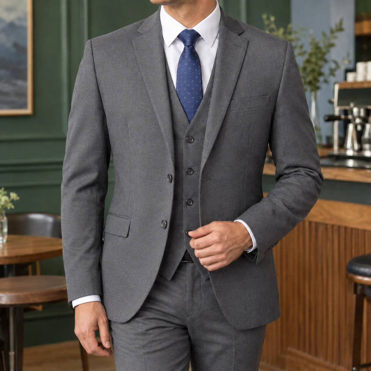 Men's Three-Piece Tailored Suit Set with Two-Button Blazer and Button-Front Vest 3