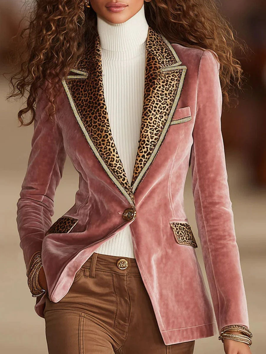 Men's Velvet Blazer Jacket with One-Button Closure and Leopard Print Accent 0
