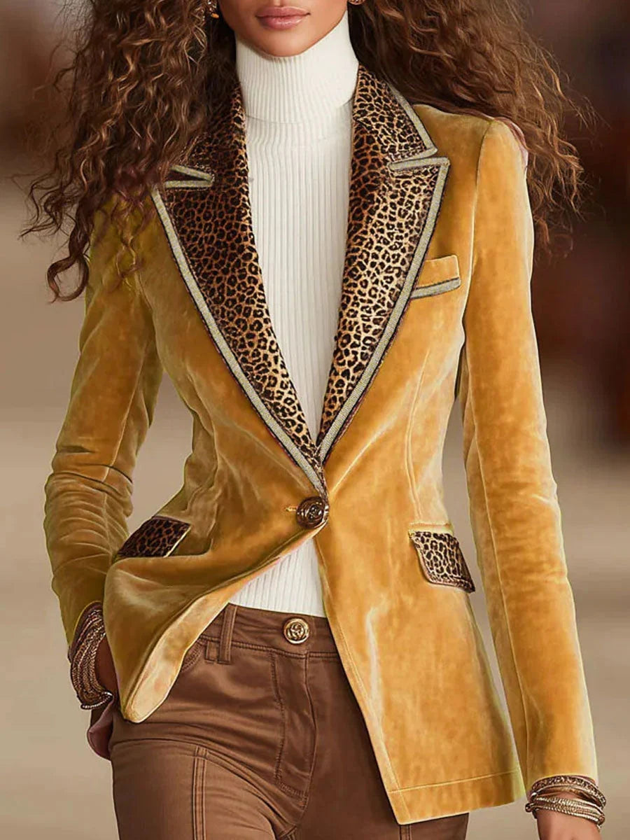 Men's Velvet Blazer Jacket with One-Button Closure and Leopard Print Accent 3