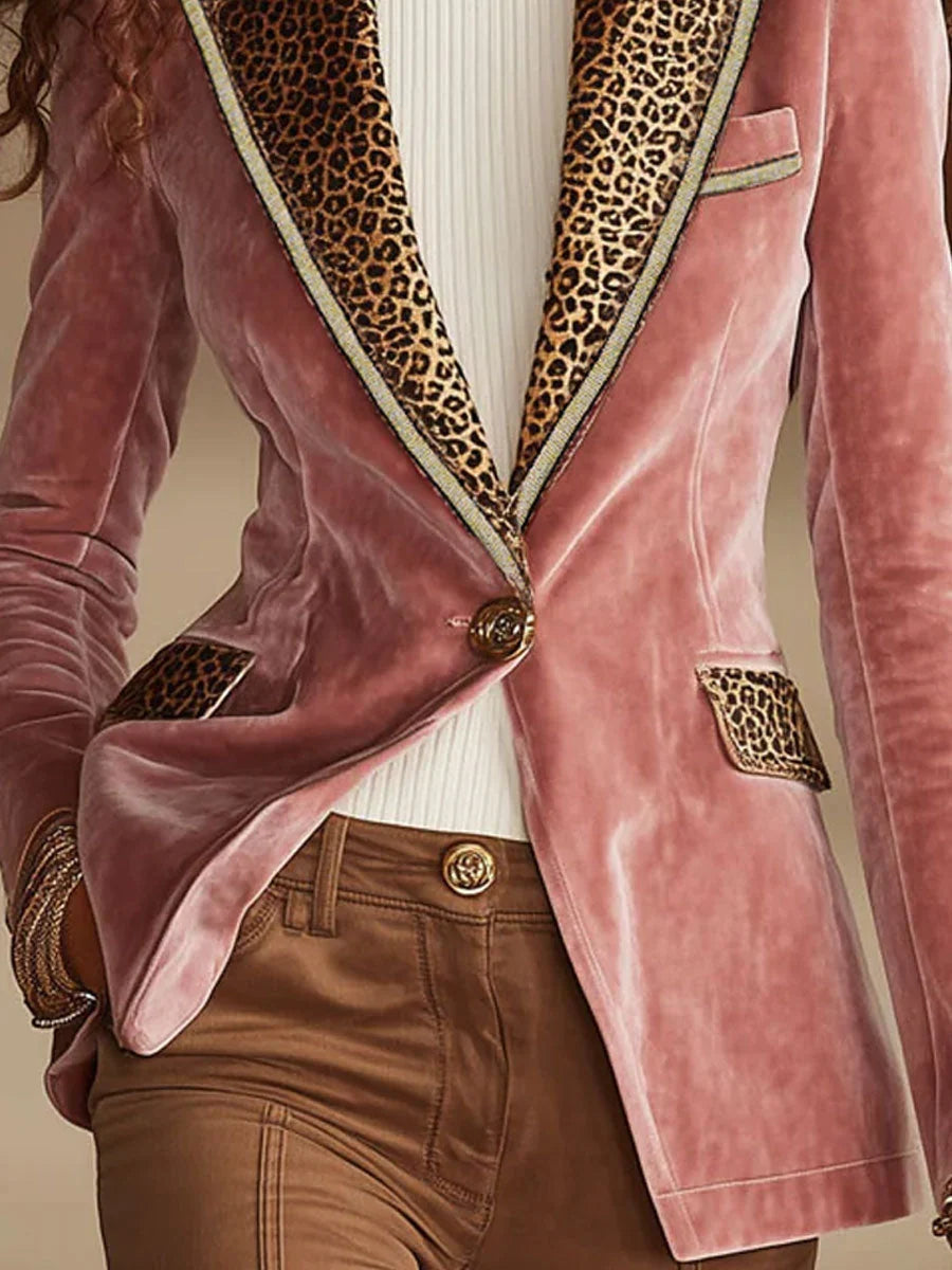 Men's Velvet Blazer Jacket with One-Button Closure and Leopard Print Accent 6