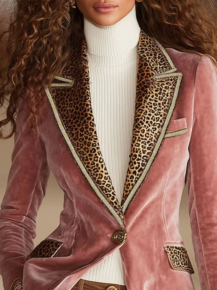 Men's Velvet Blazer Jacket with One-Button Closure and Leopard Print Accent 7