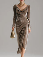 Men's Velvet Long-Sleeve Midi Dress with Ruffled Neckline 0