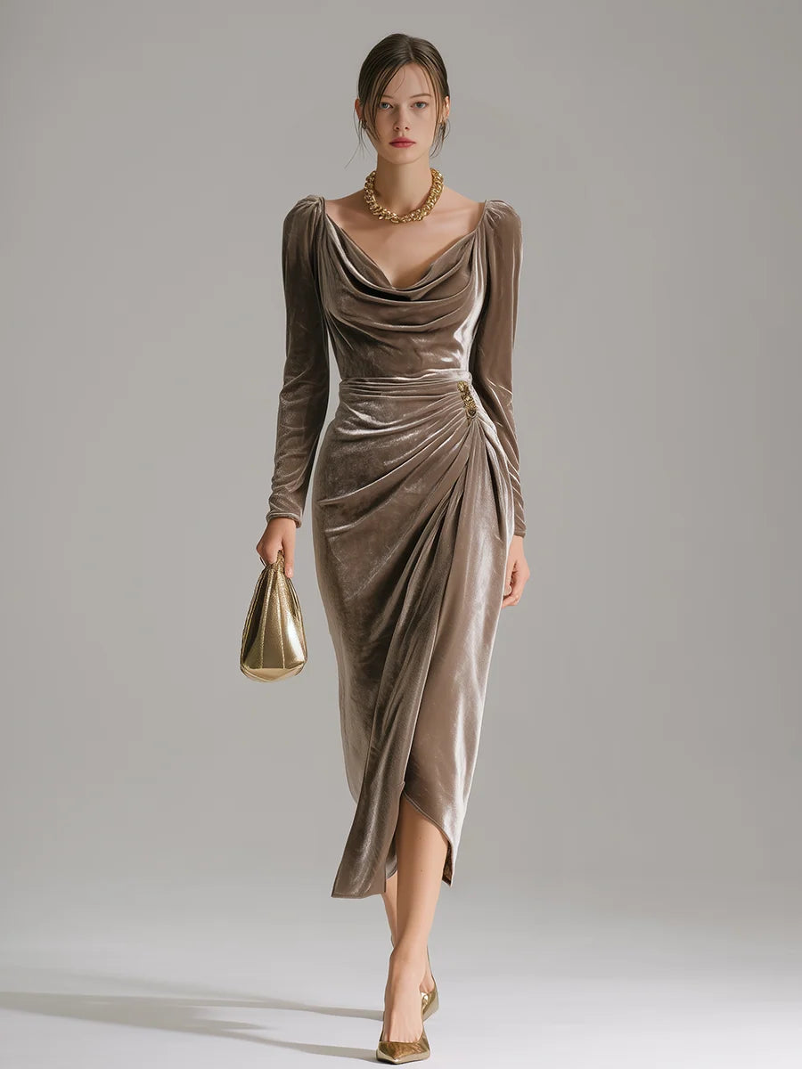 Men's Velvet Long-Sleeve Midi Dress with Ruffled Neckline 3