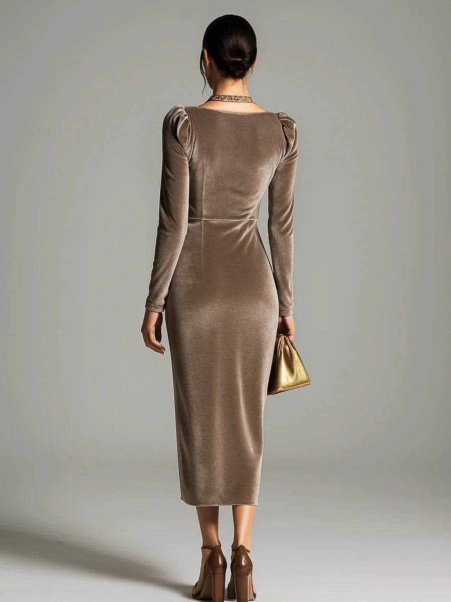 Men's Velvet Long-Sleeve Midi Dress with Ruffled Neckline 4
