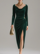 Men's Velvet Long-Sleeve Midi Dress with Ruffled Neckline 5