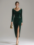 Men's Velvet Long-Sleeve Midi Dress with Ruffled Neckline 7