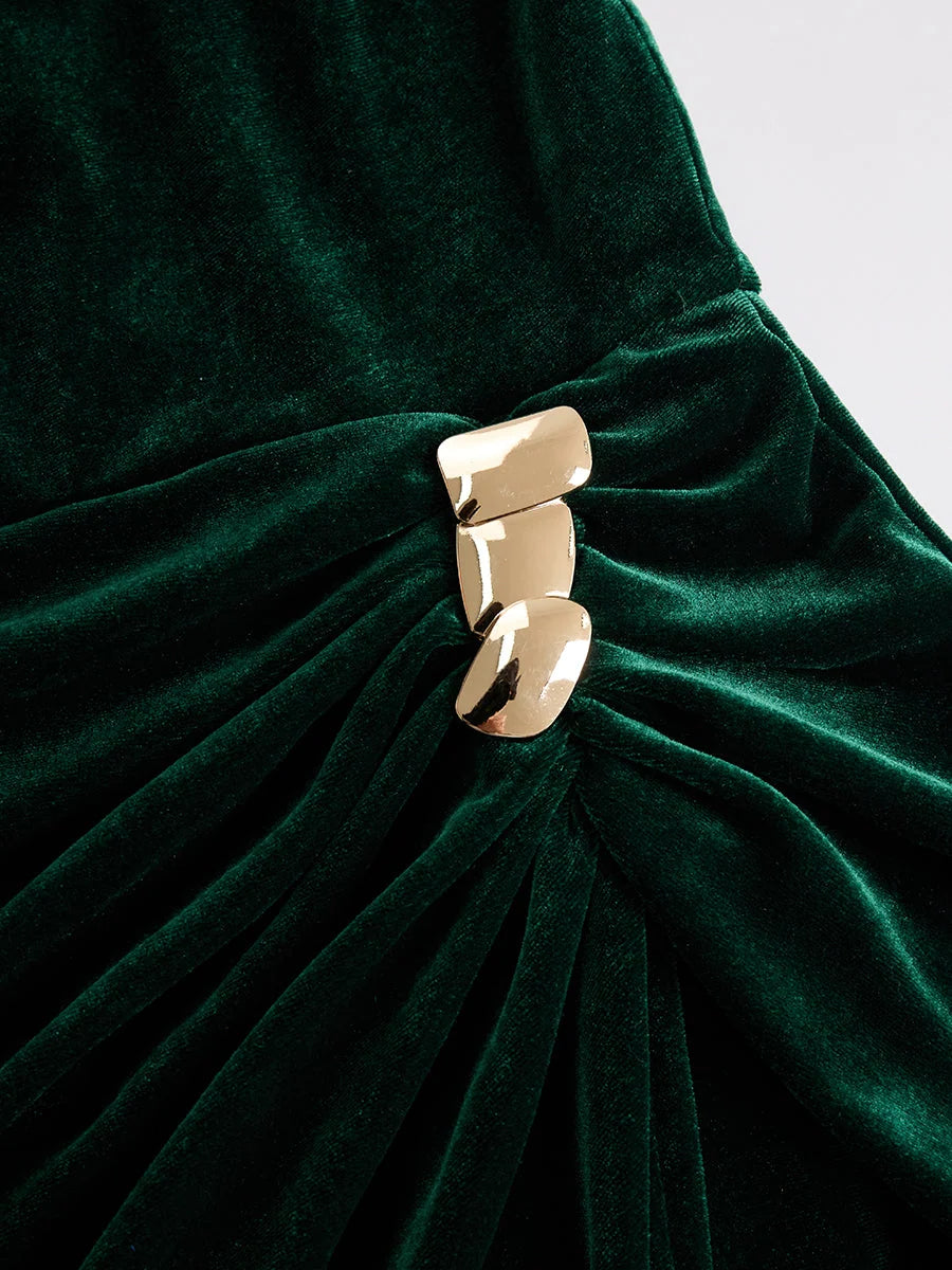 Men's Velvet Long-Sleeve Midi Dress with Ruffled Neckline 8