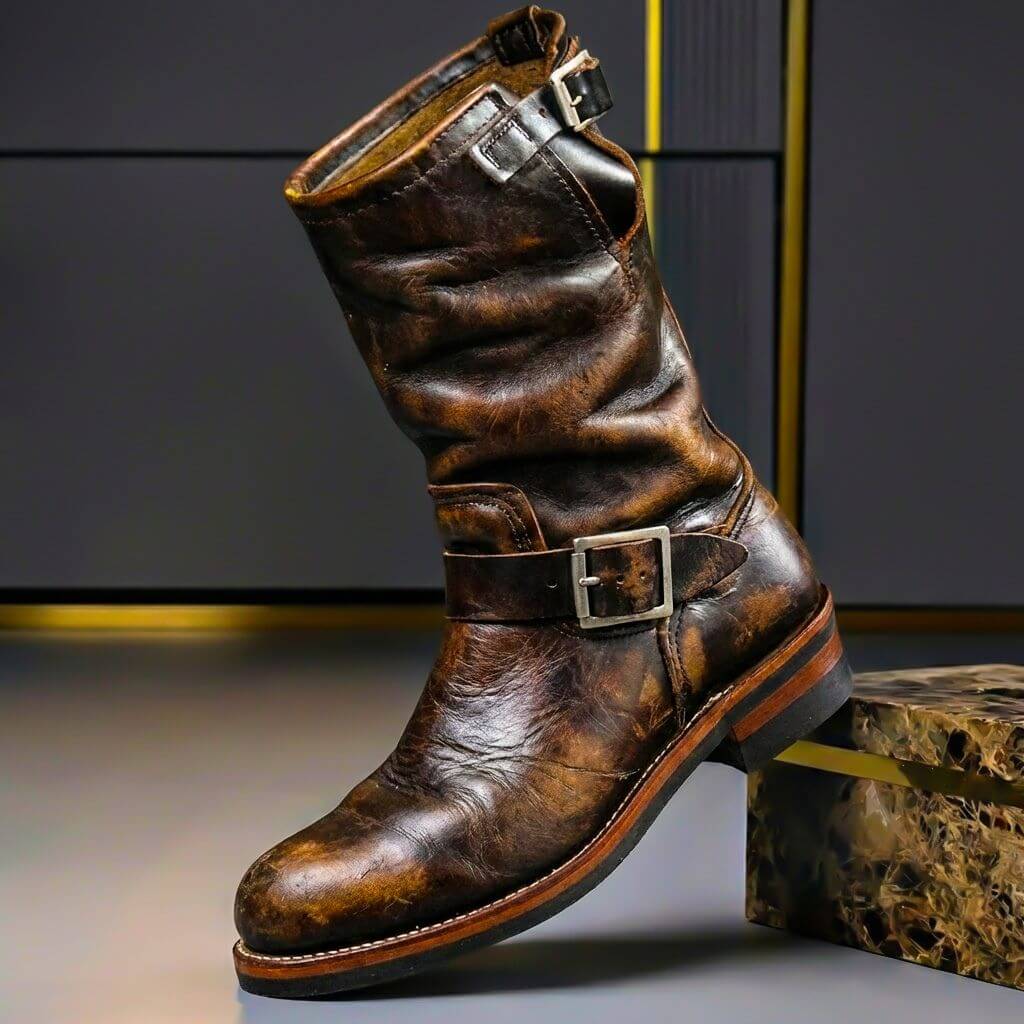 Men's Vintage Leather Retro-Style Boots with Polished Metal Buckles 0