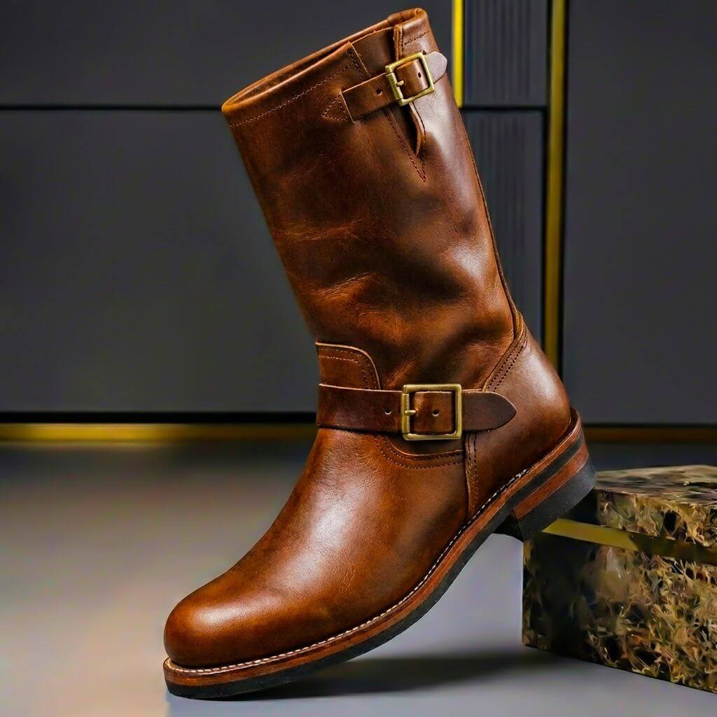 Men's Vintage Leather Retro-Style Boots with Polished Metal Buckles 1