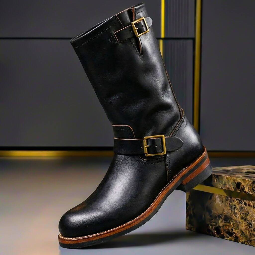 Men's Vintage Leather Retro-Style Boots with Polished Metal Buckles 3
